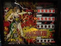Image # 32618: Vulcan IV Illuminated Backglass 
(The '10' in the upper left corner is the match number display. The '0' in the lower right corner is the credit display.)