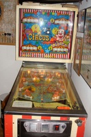 Image # 38909: Circus Cabinet - Front View 
(The orange and red 1000-point bumper caps are reversed on this game as compared to the flyer. Serial number 1841.)