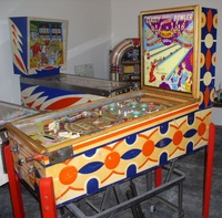 Image # 28275: Classy Bowler Cabinet - Right 
(Gottlieb data does not support that this game was built with wooden legs. The manufacturer's flyer shows metal legs.)