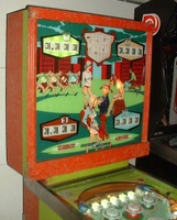 Image # 61909: College Queens Sample Game - Backbox - Left 
(Red trim has same spiderwebbing as the cabinet. Serial number '1018 S'.)