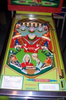 Image # 31892: College Queens Sample Game - Playfield 
(Light green upper ball arch, side trim, and card holder. Serial number '1016 S'.)