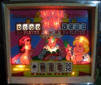 Image # 43730: Royal Flash Illuminated Backglass - Shoot Added Ball Now 
(The 'Shoot Added Ball Now' light is illuminated.)