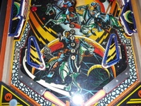 Image # 40691: Cosmic Gunfight Orange Version Lower Playfield 
(The owner of this game states that some minor paint touch-ups were done before he clearcoated the playfield and applied reproduction drop target stickers.)