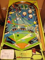 Image # 63146: Cosmos German Playfield 
(The colors of the mushroom bumpers are not in their correct place. The spinning target is not original to this game. Above the spinner is a white post loosely placed on the playfield. This image is provided to show the German playfield text.)