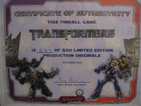 Image # 54906: Transformers� Limited Edition (&quot;Combo&quot;) Certificate Of Authenticity 
(Cabinet has serial number 232675.)