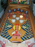 Image # 39864: Cyclone Playfield 
(The game flyer shows that both flippers are supposed to be white. Serial number 053123C.)