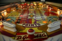 Image # 39685: Aloha Illuminated Playfield 
(The manufacturer did not design the playfield with a post between the flippers. The post shown here was added later.)