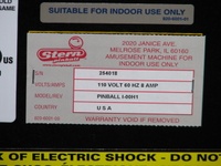 Image # 65376: KISS (Pro) Serial Number Sticker 
(Photographed at the Northwest Pinball and Arcade Show, June 2015. Serial number 254018.)