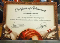 Image # 69421: The Big Lebowski� Pinball (First Model) Achiever Edition Certificate