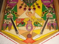 Image # 34773: Dancing Lady Production Game - Lower Playfield 
(The A-B-C-D playfield outlane artwork of the sample game were changed and recolored for the production game.)