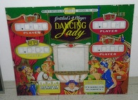 Image # 17827: Dancing Lady Sample Game -  Backglass 
(Besides having multiple colors around the score reels, this glass, and the Sample backbox, were slightly shorter than the production version.)