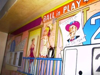 Image # 24930: Dodge City 2nd Player - 'Jack Dalton' 
(Plexiglas backglass. This game from Germany shows where vandals had cut the backglass to gain access to the replay mechanism.)