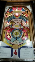 Image # 67917: Dyn O' Mite Illuminated Playfield - Glass Removed 
(The bumper cap and apron cards are reproduction. The flippers are a later version from this manufacturer where screw heads and washers are not visible. Decals were added to simulate the original flippers.)