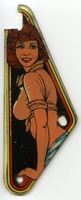 Image # 39418: Eight Ball Playfield Plastic - Obverse 
(Pinky Tuscadero's shirt on this slingshot plastic appears red when the game is on, and tan when the game is off.)