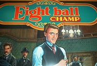 Image # 71151: Eight Ball Champ Original Backglass Artwork - Detail 
(Artist is Tony Ramunni.Watercolor on posterboard.Approximate dimensions 24 1/2 inches by 26 inches. Metal frame is 30 1/2 by 32 1/2 inches.)