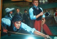 Image # 71152: Eight Ball Champ Original Backglass Artwork - Detail 
(Artist is Tony Ramunni.Watercolor on posterboard.Approximate dimensions 24 1/2 inches by 26 inches. Metal frame is 30 1/2 by 32 1/2 inches.)