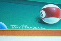 Image # 71153: Eight Ball Champ Original Backglass Artwork - Detail 
(Artist is Tony Ramunni.Watercolor on posterboard.Approximate dimensions 24 1/2 inches by 26 inches. Metal frame is 30 1/2 by 32 1/2 inches.)