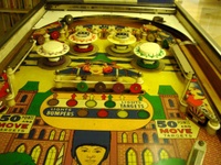 Image # 28848: Elite Guard Upper Playfield 
(The bumper cap point values seen on this game were changed by the operator to account for his modification to 5-digit backglass scoring.)