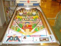 Image # 28849: Elite Guard Playfield 
(The bumper cap point values seen on this game were changed by the operator to account for his modification to 5-digit backglass scoring.)