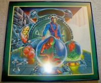 Image # 62570: Embryon Original Backglass Artwork 
(Artist is Tony Ramunni. Paint on artists' board.Approximate dimensions 26 by 28 1/2 inches.The metal frame is 30 by 32 inches.The right side of the painting is unfinished due to production deadline. For the production backglass, this area was filled in by mirroring the left side.)