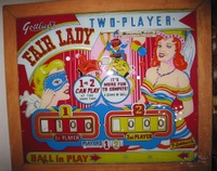 Image # 54385: Fair Lady Backglass 
(The replay unit was removed from this game and the replay window is covered over. Serial number G20558FL.)
