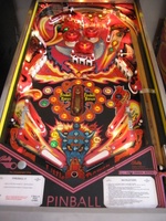 Image # 40266: Fireball II Illuminated Playfield 
(The factory mylar has been removed from this playfield. The drop targets and bumper caps are after-factory manufacture using Bally's original dies.)