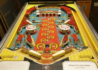 Image # 65309: Flip Flop Early Production Playfield 
(The ribbed blue double bonus insert is not original to this game. The original one was red and was not ribbed. Serial number 1016.)