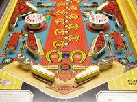 Image # 65311: Flip Flop Early Production Lower Playfield 
(The ribbed blue double bonus insert is not original to this game. The original one was red and was not ribbed. Serial number 1016.)