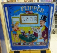 Image # 54530: Flipper Backglass 
(The backglass is a reproduction but this image is presented to show that this game with serial number G31384 was produced with a wedge head backbox.)