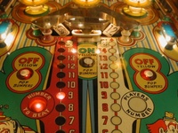 Image # 31095: Flipper Clown Sample Game - Clown Roto Target 
(The number 15 insert is instead shown as a clown insert with a roto-target to match. Serial number '01004 S' is stamped on outside of cabinet above the coin door.)
