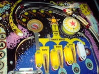 Image # 35977: Galaxy Upper Right Playfield 
(The design on the spinning target does not match the one shown on the manufacturer flyer.)