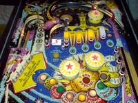 Image # 35974: Galaxy Upper Playfield 
(The design on the spinning target does not match the one shown on the manufacturer flyer.)