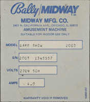 Image # 73269: The Bally Game Show Model Number and Serial Number 
(Serial number 2003 I345557.)
