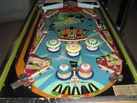 Image # 53296: Gay 90's Playfield - Downfield View 
(The two bumper caps at the top of the playfield are not original to this game.)