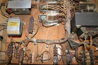Image # 53320: Gay 90's Inside Cabinet - Replay Mode 
(An 8-pin shorting plug, necessary for replay operation, is shown installed. The Extra Ball Relay would be installed in the nearby open space and would plug into the 12-pin jack after the shorting plug was removed. Cabinet serial number 61361.)